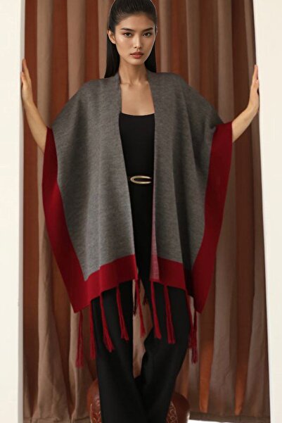 Trend Alaçatı Stili Woman anthracite contrast striped tasseled poncho alc-x14746