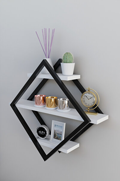 alpaevmobilya Modern Baklava 3 Katlı Dekoratif Duvar Rafı Metal Çerçeve Kitap...