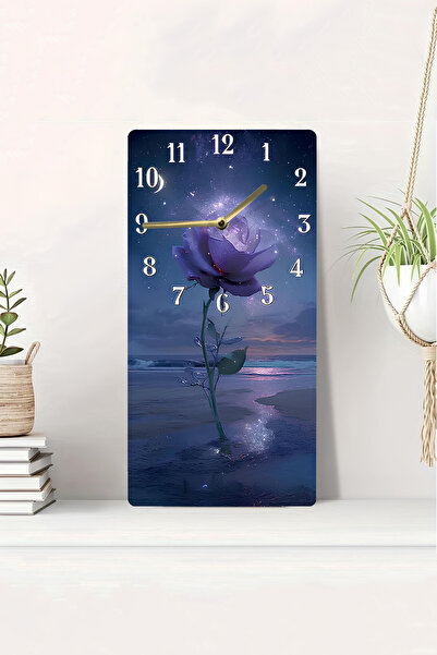 kutuTR 3D-Looking Purple Rose in Starry Sky Themed 2D Uv Printing Mdf Painting Clock 20X40 Cm-Dts078