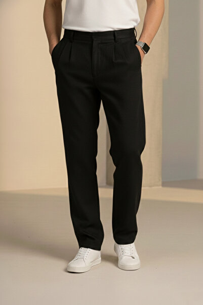 Bürke Double Pleated Black Half Elastic Waist Quality Linen Look Baggy Trousers