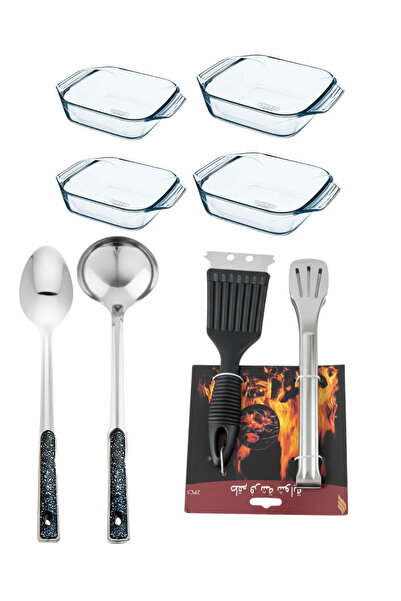 Kitchen طقم ادوات مائدة من افضل المنتجات , ملقاط مع فرشاة , ملقعتين طبخ بيد جرانيت . 4 صحون بايركس