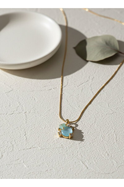 AURRARİ Altın Kaplama Mavi Yuvarlak Ve Yıldız Taşlı Çelik Kolye