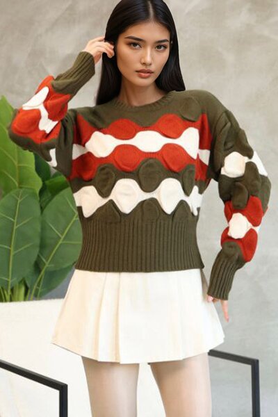 Trend Alaçatı Stili Pulover tricotat cu model în relief guler rotund kaki pen...