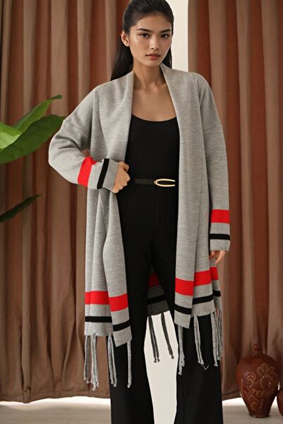 Trend Alaçatı Stili Women's Gray Striped Detail Tassel Long Cardigan Alc-X14745