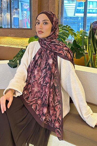 lamelif Daisy Flowers Pattern Soft Cotton Shawl Dark Burgundy