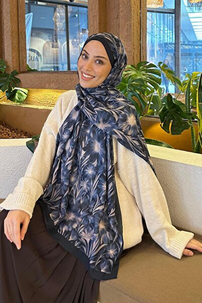 lamelif Daisy Flowers Pattern Soft Cotton Shawl Navy Blue