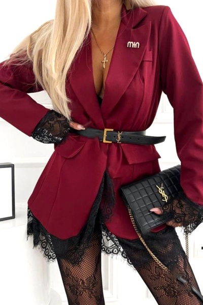 FashionForYou KIVA long jacket, with lace trim and brooch, Burgundy, Size S/M
