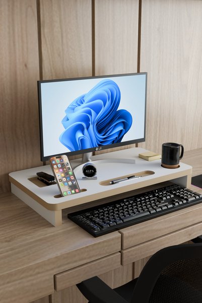 alpa ev mobilya Ergonomic Mdf Monitor Stand Screen Riser Desktop Organizer with Phone-Cup Compartment