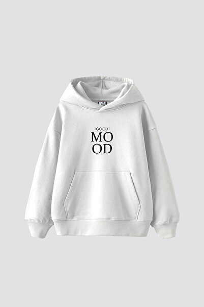 Sekizbiraltı Good Mood Printed Oversized Unisex White Hoodie