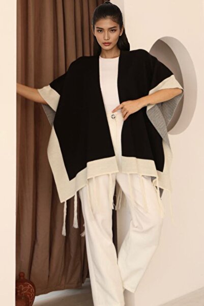 Trend Alaçatı Stili Women's Black Contrast Stripe Tasseled Poncho Alc-X14746