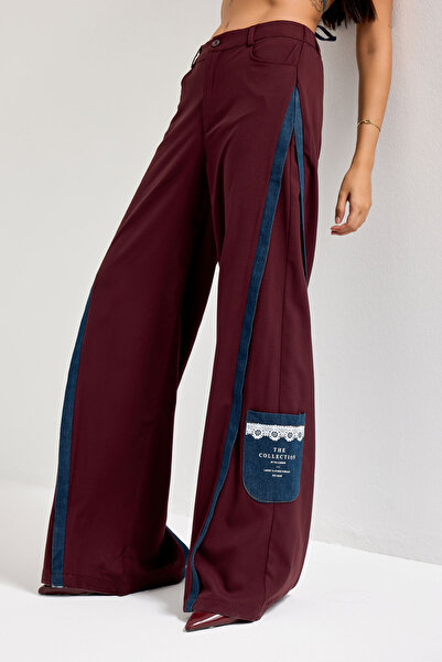 it's basic Women's Burgundy Palazzo Fit Denim Detailed Special Design Trousers