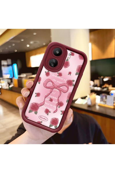 ucuc Xiaomi Poco C65 Uyumlu Güzel Gül Desenli Bordo Silikon Darbe Koruma Kılıfı