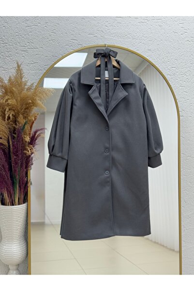 MİHRA STORE Basima Balloon Sleeve Lined Buttoned Cashmere Coat-Ek4114 Anthracite