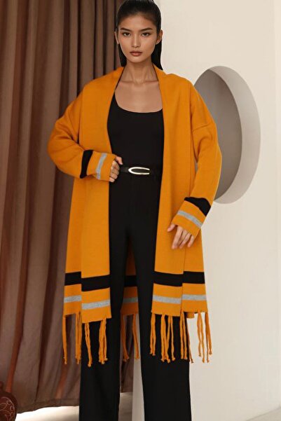 Trend Alaçatı Stili Women's Mustard Striped Detail Tassels Long Cardigan Alc-X14745