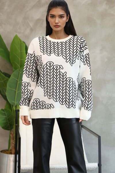 Trend Alaçatı Stili Pulover alb pentru femei guler rotund cu modele Alc-X14741