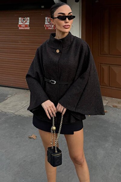 Trend Alaçatı Stili Women's black patterned belt detailed stamp cape coat alc-x14529