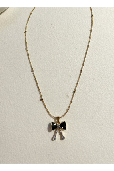 AURRARİ Altın Kaplama Siyah Fiyonk Ve Zirkon Taşlı Çelik Kolye