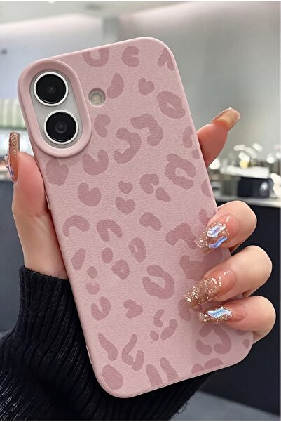 Fibaks iPhone 16 Plus Kılıf Pembe Leopar Desenli İnce Yumuşak Silikon