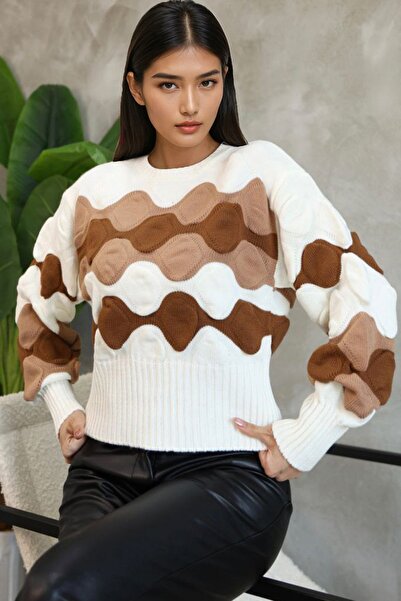 Trend Alaçatı Stili Kadın Ekru Bisiklet Yaka Kabartma Desenli Triko Kazak Alc...