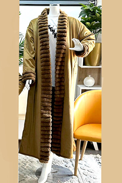 Zainah Elegant Velvet/Suede Long Winter Coat - Faux Fur Trim - Camel/Tan Duster Jacket with Pockets
