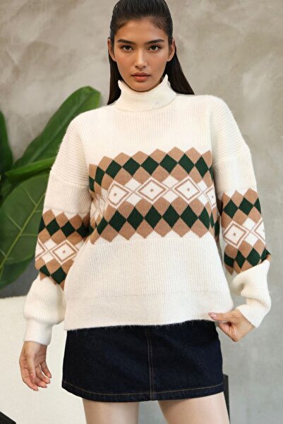 Trend Alaçatı Stili سترة نسائية منسوجة بنمط البقلاوة وياقة صياد السمك بلون إك...