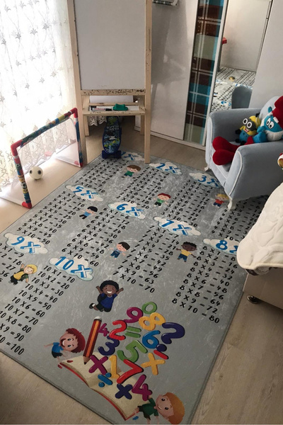 VOPTEKS Gri Çocuk Halısı Makinede Yıkanabilir Kaymaz Taban Çocuk Odası Halısı