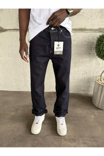 KağanKY White Stitched Dark Navy Blue Baggy Jeans