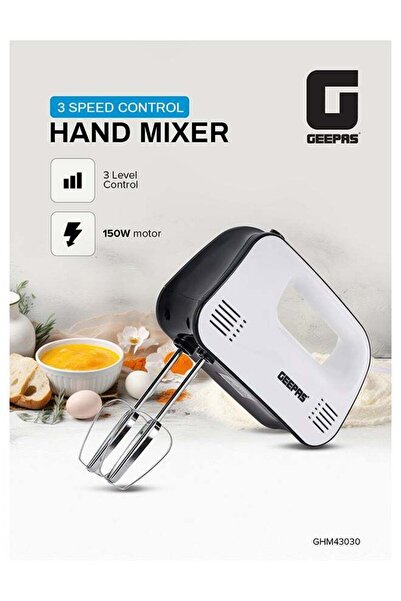 Geepas خلاط يدوي - GHM43030، 150 واط، 3 سرعات، 2 مضرب و2 خطاف (أبيض)