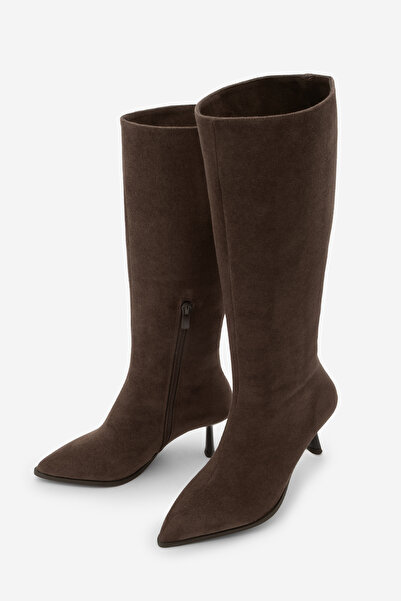 Marjin Women's Pointed Toe Half Zipper Thin Heeled Boots Lavisa Brown Suede