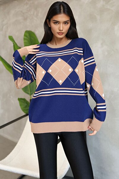 Trend Alaçatı Stili Women's Navy Blue Crew Neck Diamond Pattern Knit Sweater ...
