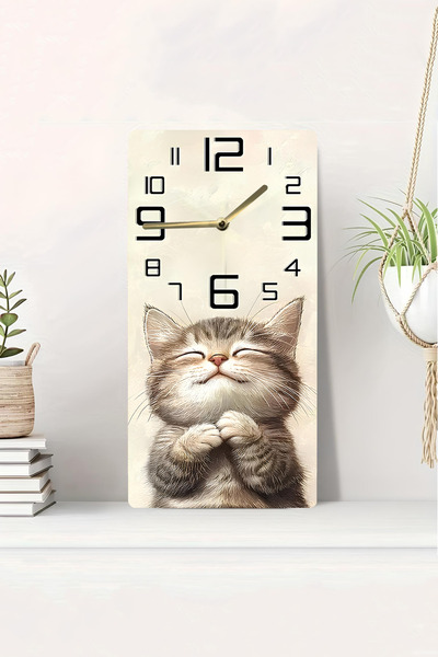 kutuTR 3D Looking 2D Uv Printing Cute Cat Themed Mdf Table Clock 20X40 cm Silent Mechanism-Dts080