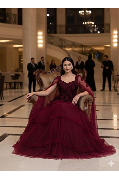 AMAZ فستان سهرة تل بتصميم أميرة بأكمام كاب وتفاصيل تطريز.