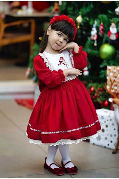 JBK Elis Long Sleeve Red Bird Embroidered Lace Detail Children's Dress and Hair Clip