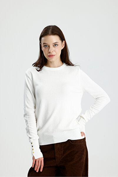 Figo Cuff Buttoned Crew Neck Long Sleeve Women's Sweater
