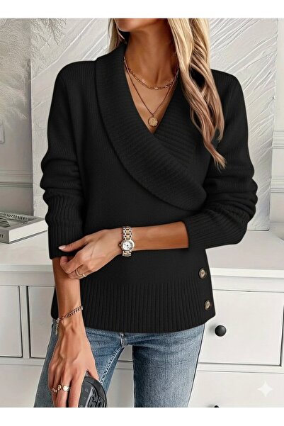 Turega Style بلوزة نسائية تريكو بأكمام طويلة وياقة وأزرار جانبية