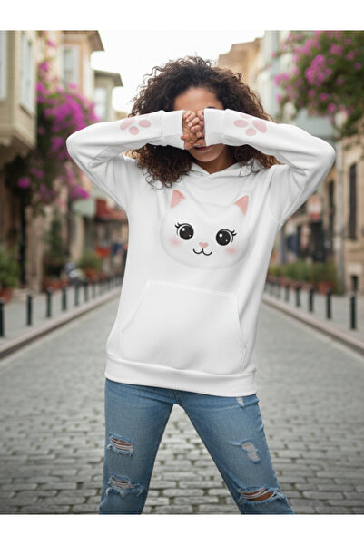 Eritqaa هوديي للجنسين من Cat Face مطبوع مزود بتفاصيل مخلب لطيف بغطاء رأس