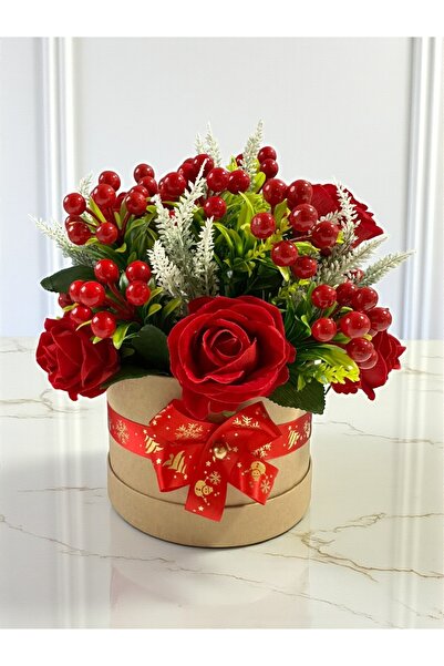 NEŞELİ ÇİÇEKLER Yapay Çiçek Özel Tasarım Yılbaşı Ev Dekorasyon 30x30cm Kırmızı Gül Kokina Silindir Kutuda