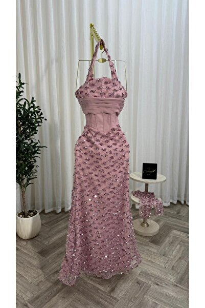 NALA FASHION فستان سهرة فاخر بلون الروز جولد