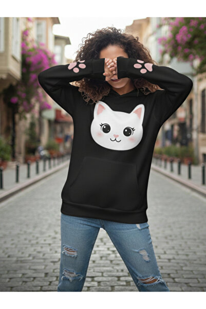 Eritqaa هوديي للجنسين من Cat Face مطبوع مزود بتفاصيل مخلب لطيف بغطاء رأس