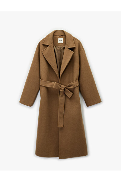 Koton Belted Long Cashmere Coat with Pockets and Long Sleeves