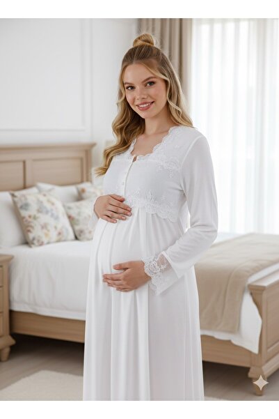 Lohusa Homewear Women's Ecru Design Lace Detailed Stylish Long Sleeve Materni...