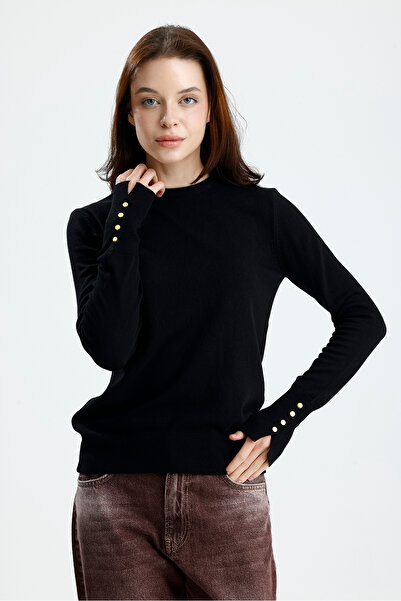 Figo Cuff Buttoned Crew Neck Long Sleeve Women's Sweater