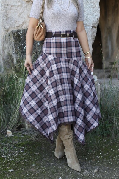 bytugcekaya Fusta în carouri din piele intoarsa maro cu detaliu din dantelă