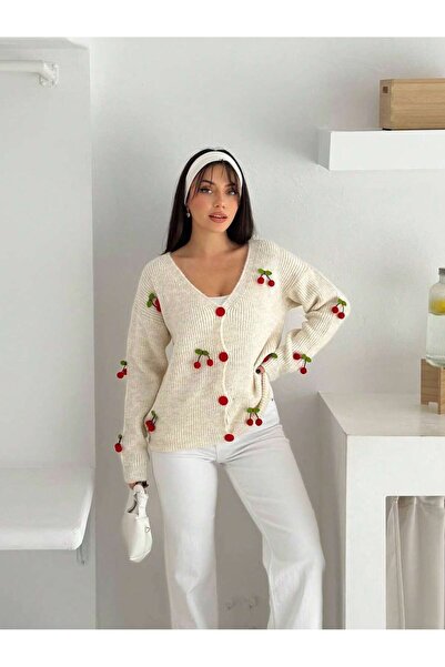 NEWLAKER Kadın V Yakalı Kiraz Dikiş Detaylı Triko Hırka