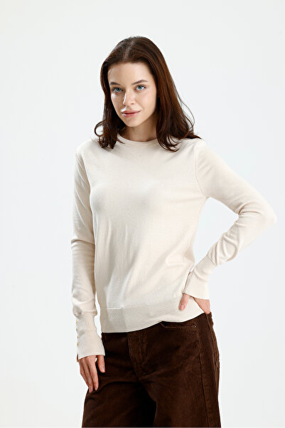 Figo Cuff Buttoned Crew Neck Long Sleeve Women's Sweater