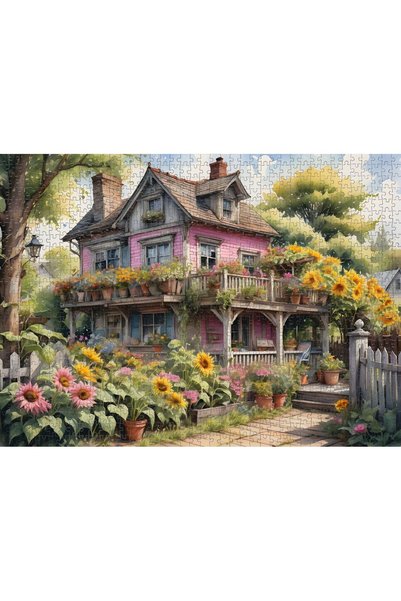 Nova Puzzle 1000 Parça Ayçiçekli Pembe Ahşap Ev Puzzle - Pembe Köy Evi