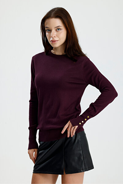 Figo Cuff Buttoned Crew Neck Long Sleeve Women's Sweater