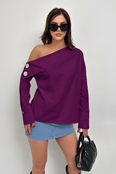 XELA KADIN DÜĞME DETAYLI ASİMETRİK YAKA UZUN KOL TASARIM GÖMLEK