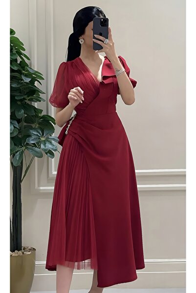 berlanty فستان سهرة ميديم (Midi) شيفون وتول مطوي بياقة V عميقة - لون أحمر خمر...