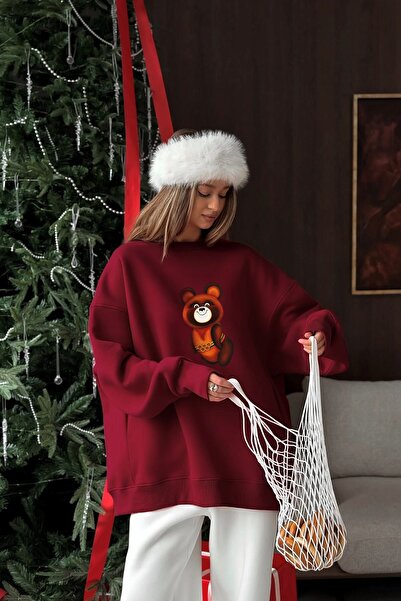 The Champ Clothing Women's Oversized Sweatshirt Dress Misha Mood Printed Burgundy – Crew Neck, 3 Thread Ş Fleece-Lined Fleece